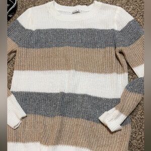 Striped Gray, Tan, and White Women's Sweater